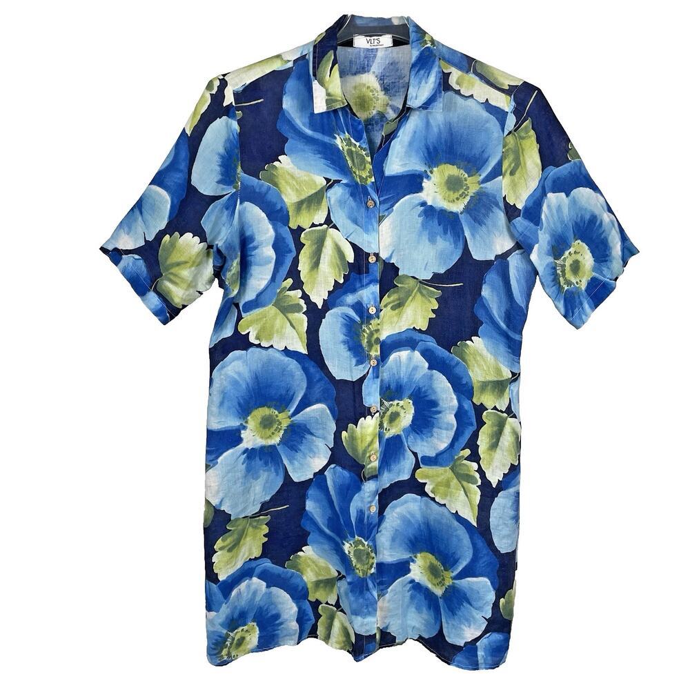 VLT's By Valentinas 100% Linen Tunic/ Shirt Dress Women's L Blue Tropical Italy